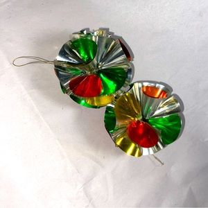 Two Vintage Mid Century holographic Silver Foil Multicolored Pom Pom Ornaments